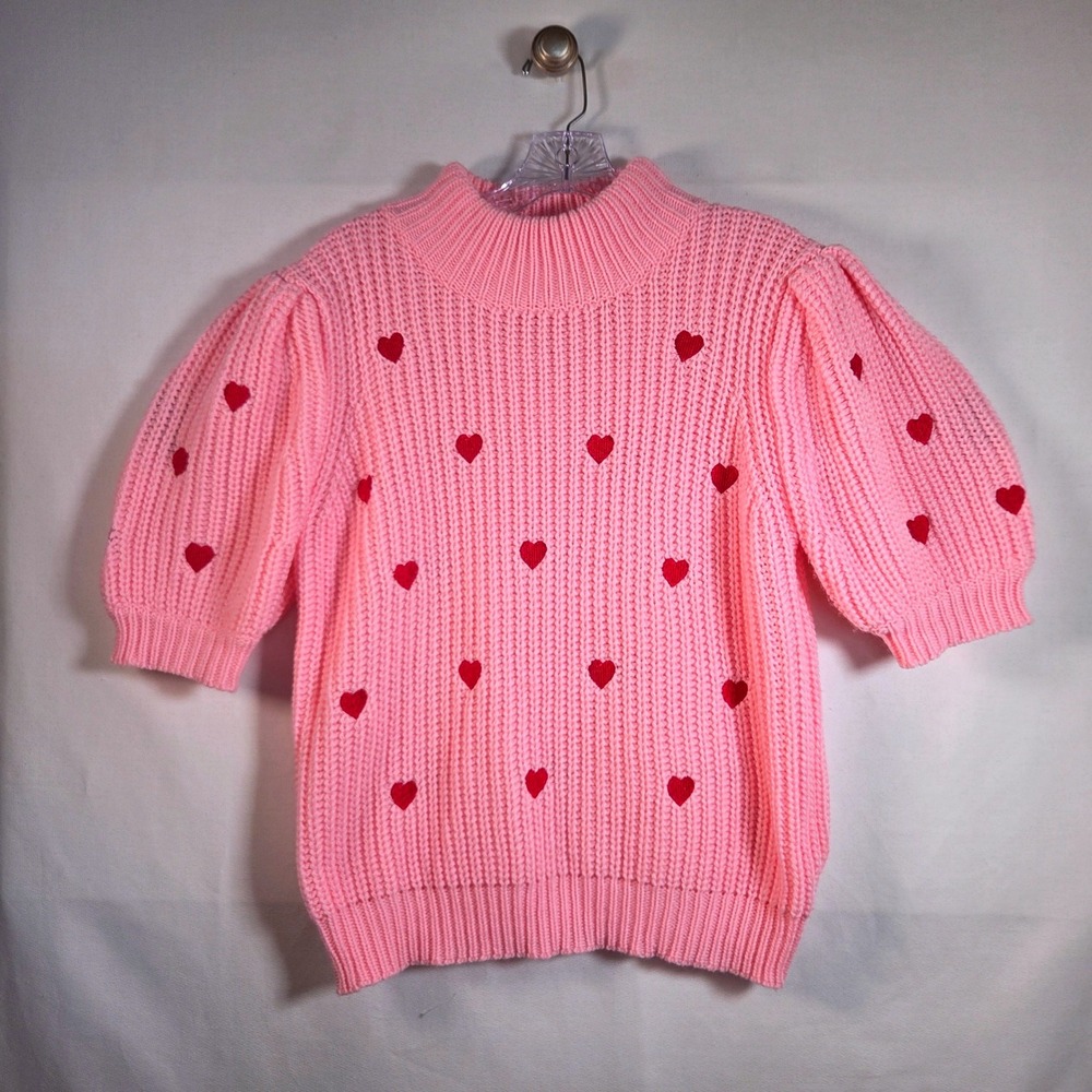 English Factory Pink Heart Embroidered Puff Sleeve Mock Neck Sweater Romantic